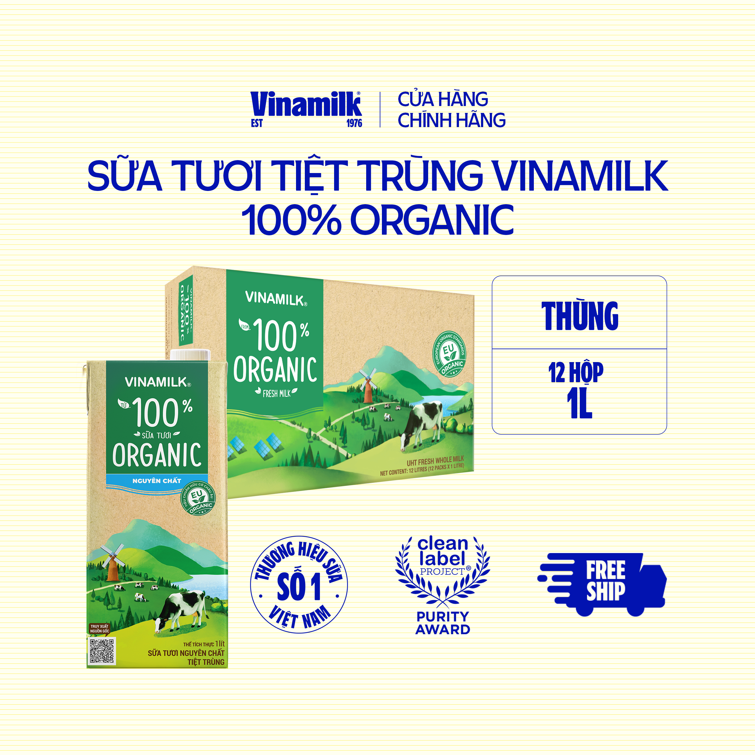Thùng 12 hộp sữa tươi tiệt trùng hữu cơ 100% Organic 1L