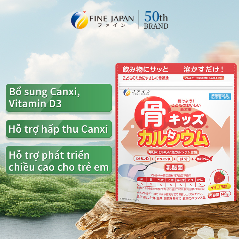 fine japan - （Vị Dâu） Bột Canxi Cá Tuyết Fine Bone's Calcium For Kids FINE JAPAN bổ sung Canxi phát triển chiều cao gói 140g