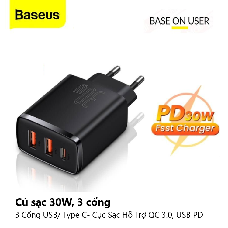 Cốc Sạc Nhanh Baseus 30w Cao Cấp Củ Sạc Nhanh 3 Cổng USB/ Type C- Cục Sạc Hỗ Trợ QC 3.0, USB PD Cho IP /Android