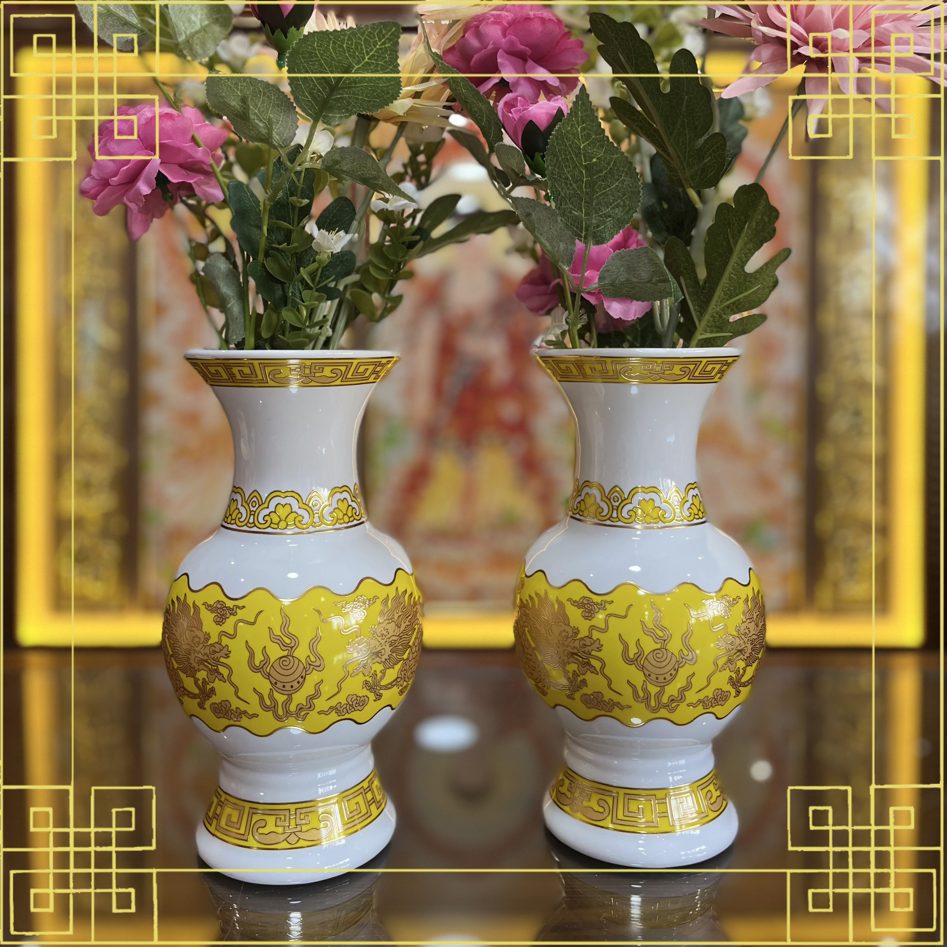 Bô thờ cúng lư bình dĩa chun bi nước 2070 họa tiết rồng vàng bằng men sứ siêu đẹp - phật giáo tường thuận