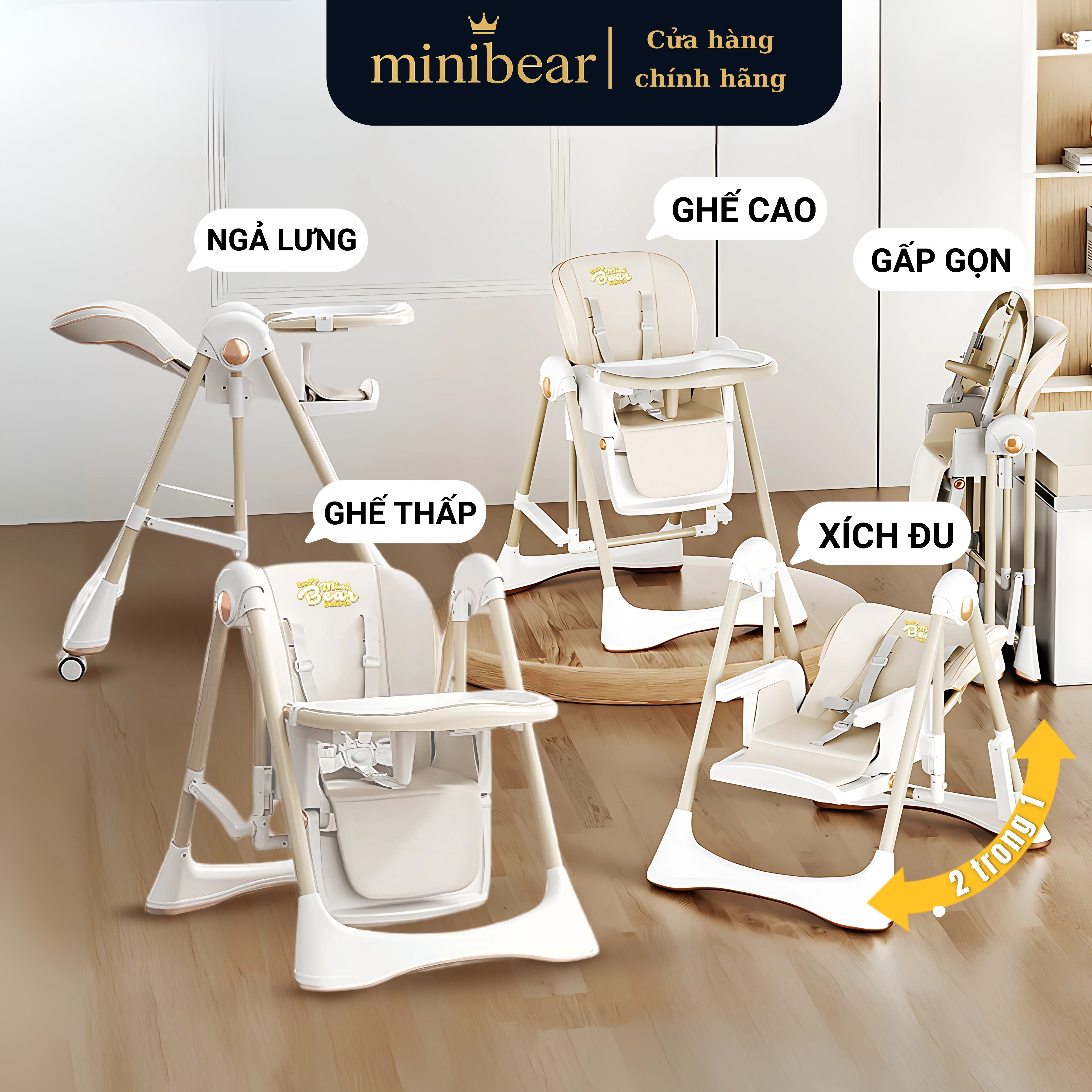 Ghế ăn dặm cho bé bập bênh và ghế xích đu MiniBear 5 trong 1 gấp gọn