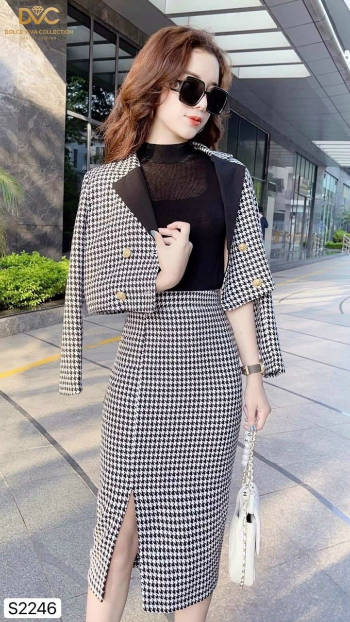 [Voucher 50k Freeship Max 0 đồng toàn quốc] Set nữ sang chảnh áo vest lững dạ kẻ caro chân váy xẻ tà set nữ cổ điển phong cách Pháp thanh lịch set váy công sở áo khoác ngắn cao cấp