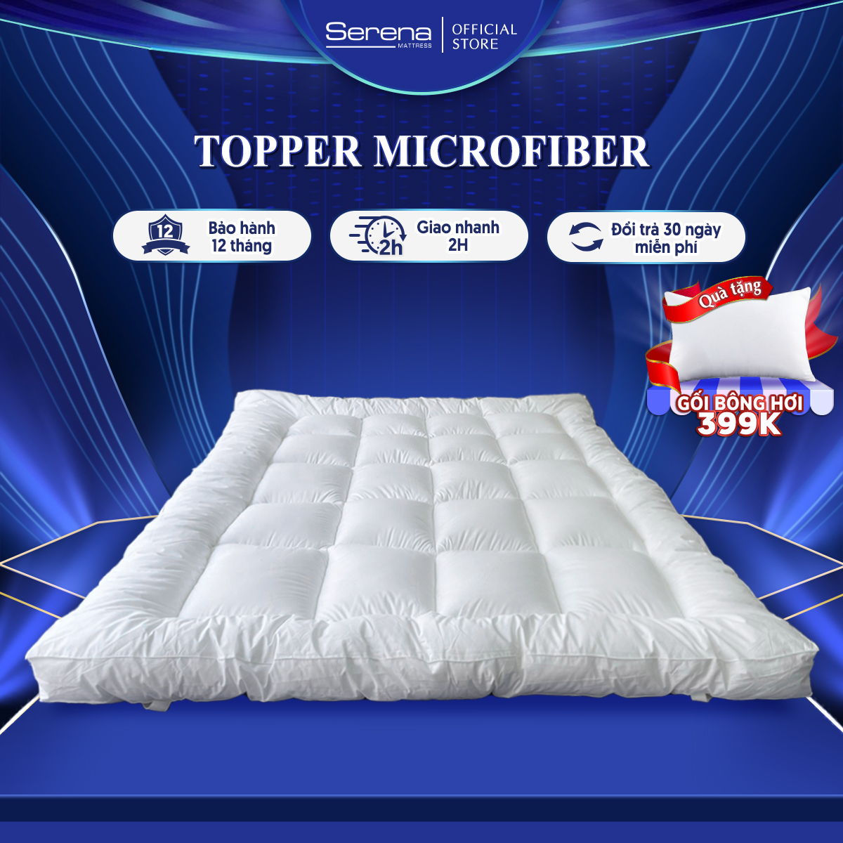 Nệm topper dày 9cm lông vũ Microfiber SERENA cao cấp - tấm chăn lót đệm niệm topper toper nệm lông v