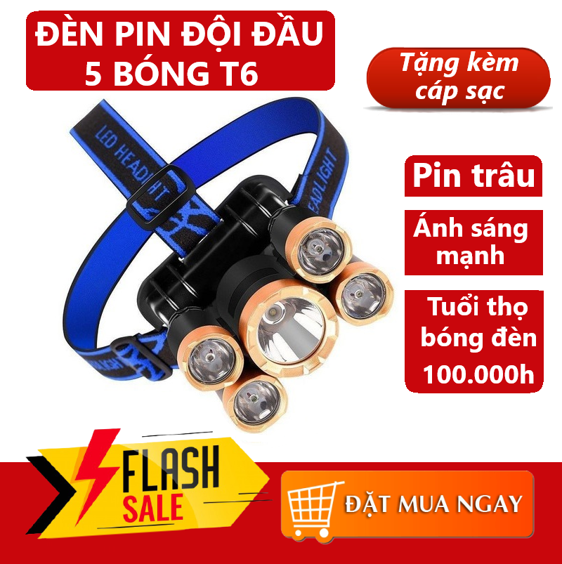 Đèn pin chiếu xa 500m , đèn pin đội đầu đeo trán 5 bóng t6 siêu sáng kèm pin sạc siêu tiện lợi