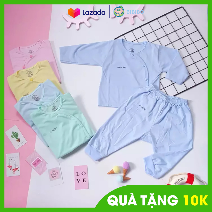 Bộ sơ sinh UNCHI vải cotton dài tay quần đáp đũng cho bé 0-3 tháng