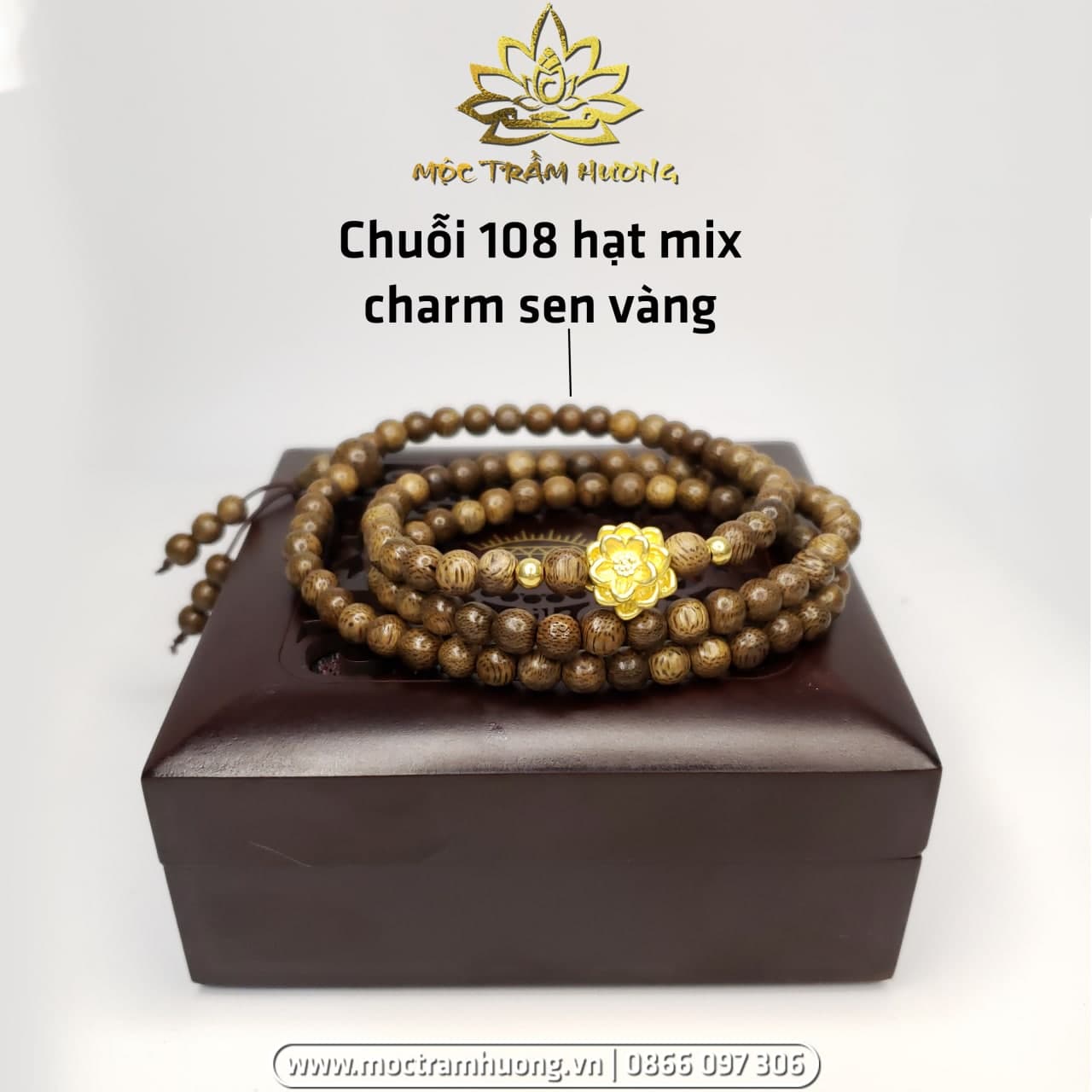 Vòng Tay TRẦM HƯƠNG TỰ NHIÊN 100%, Chuỗi Tràng Hạt 108 Hạt Đính Charm BẠC SEN MẠ VÀNG, Phong Thủy - Hợp Mệnh - May Mắn & Tài Lộc (Tặng Lá Bồ Đề + Túi Đựng Vòng)