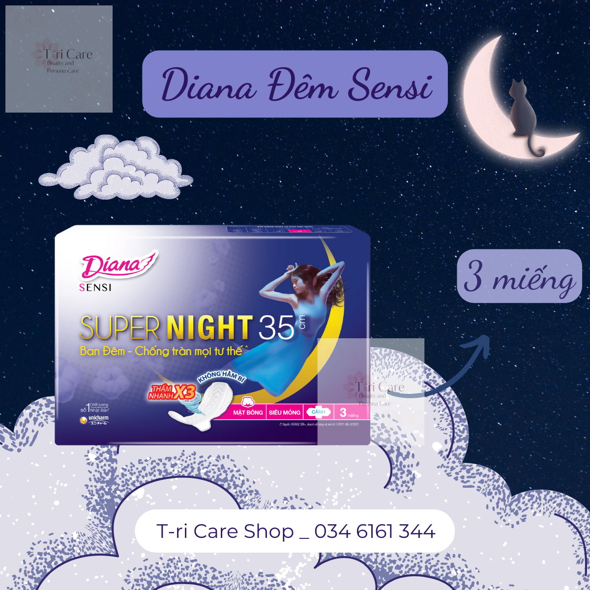 Băng vệ sinh diana sensi ban đêm 35 cm sensi. gói 3 miếng