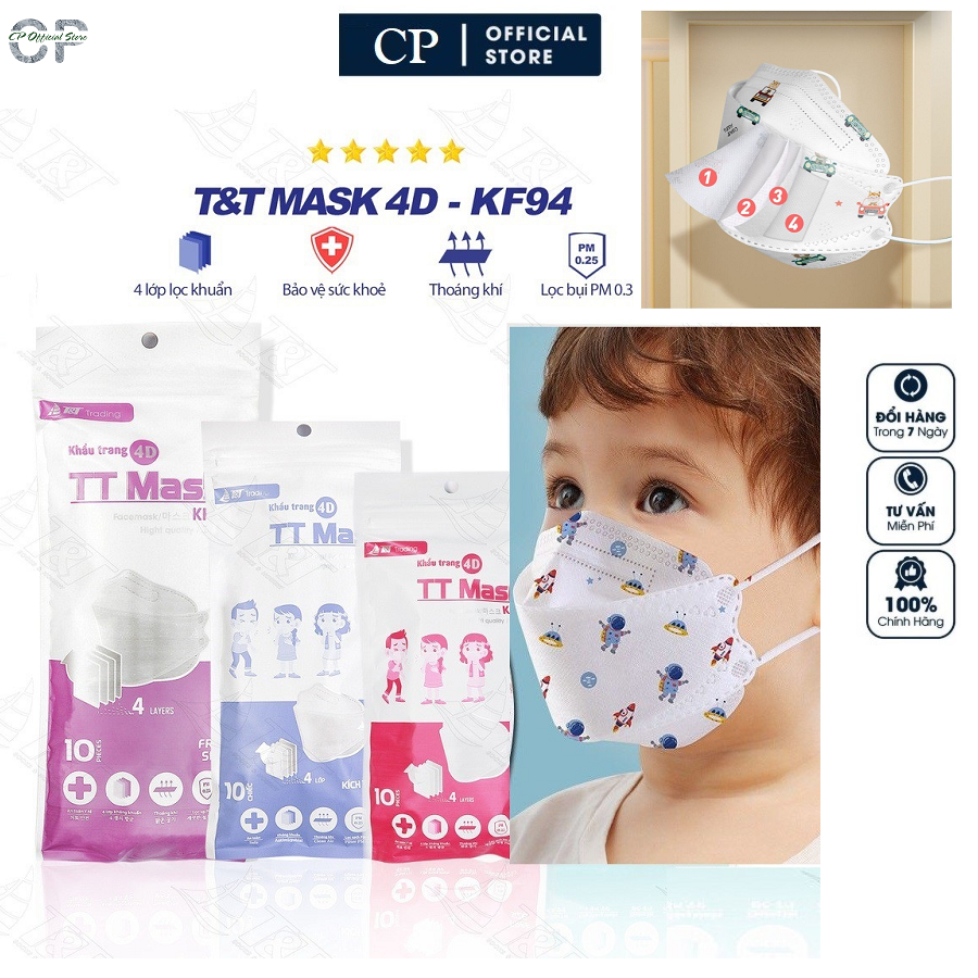 Khẩu trang y tế trẻ em 4d-kf94 4 lớp kháng khuẩn chính hãng tt mask 1 túi 10 chiếc
