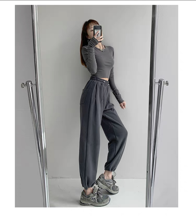 Quần jogger sweatpants nữ xám đậm dây rút ống rộng nỉ tăm tổ ong phong cách hàn quốc i'm basic