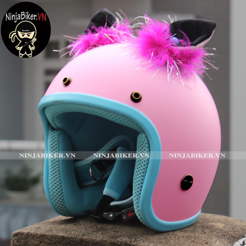 NÓN BẢO HIỂM 3/4 HỒNG LÓT XANH GẮN TAI THÚ ngẫu nhiên