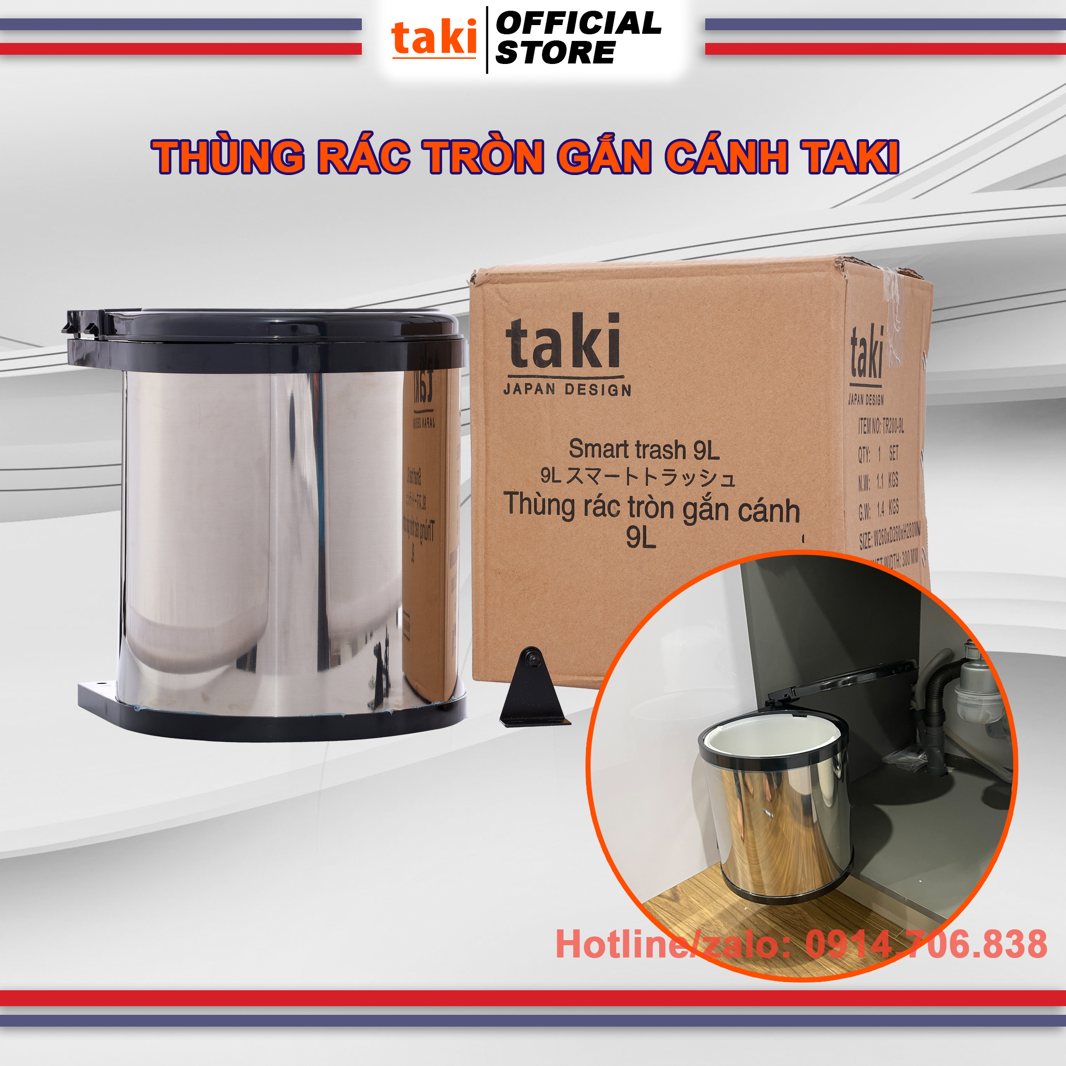 Thùng rác tròn gắn cánh tủ bếp, thùng rác đơn bọc inox304 taki - bảo hành dài hạn