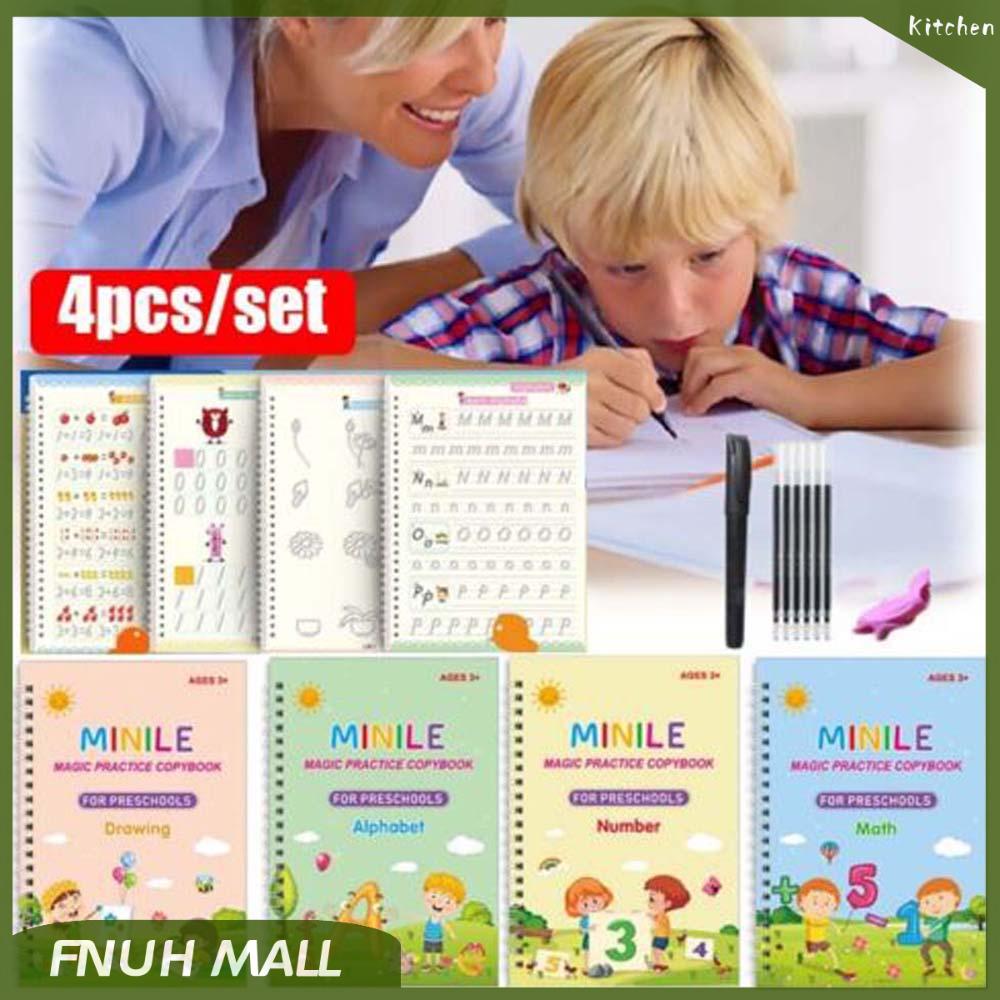 4 Book+Pen/Set English Copybook Pens Handwriting Groove Practice Copy English Alphabet Words Letters Auto Fades Can Be Reused English Children‘s Dent Magic Copybook for Calligraphy Kids Early Learning Gift
