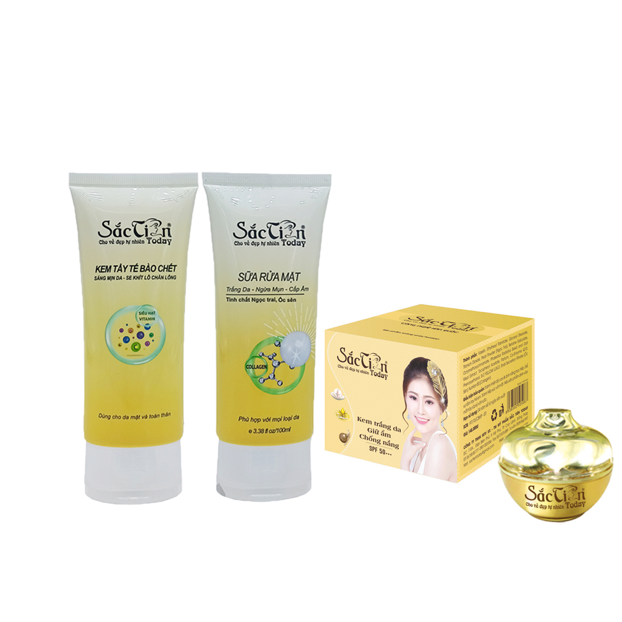Kem trắng da giữ ẩm chống nắng 15g + kem tẩy tế bào chết + sửa rửa mặt trắng da sạch mụn sắc tiên today