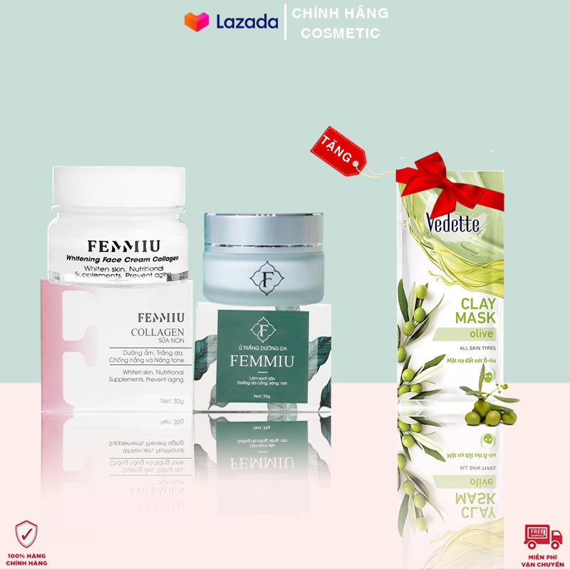 COMBO Kem Collagen Sữa Non Femmiu + Kem Ủ Trắng Hút Nám Thải Độc Femmiu TẶNG Mặt Nạ Đất Sét Olive Vedette 12g
