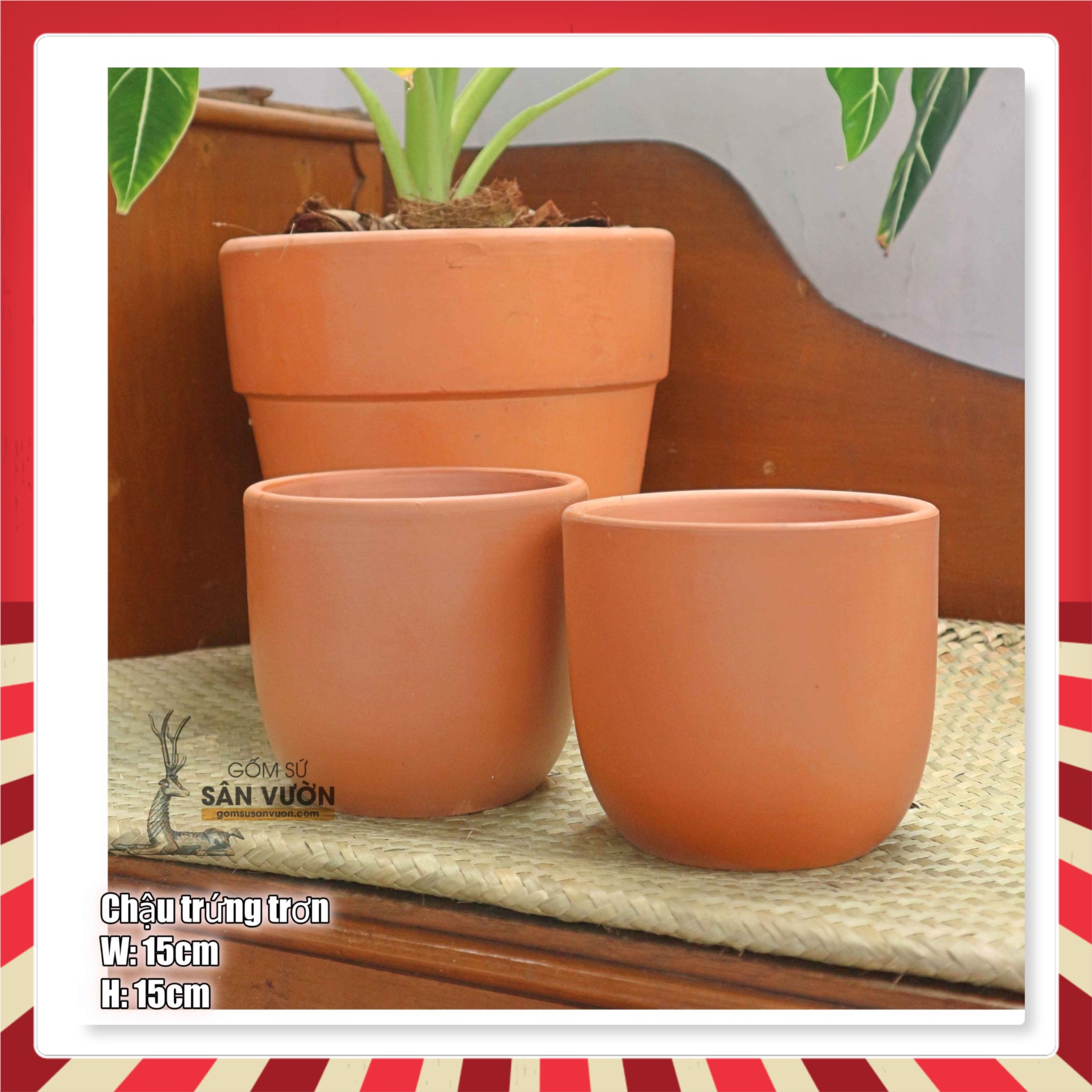 Combo 2 chậu gốm đất nung Hình Trứng Trơn (2 cái 15x15cm) - Màu gốm đỏ , chậu trồng cây, gốm sứ sân vườn Bình Dương