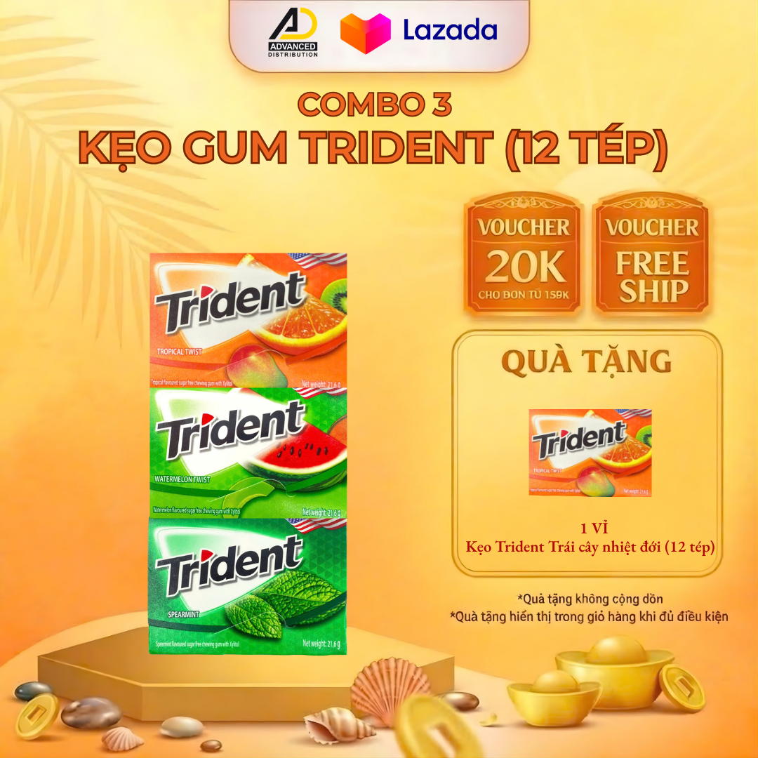COMBO 3 Kẹo Gum Trident - HỘP 12 TÉP - Dưa hấu - Bạc Hà - Trái Cây Nhiệt Đới - nhập khẩu Thái Lan
