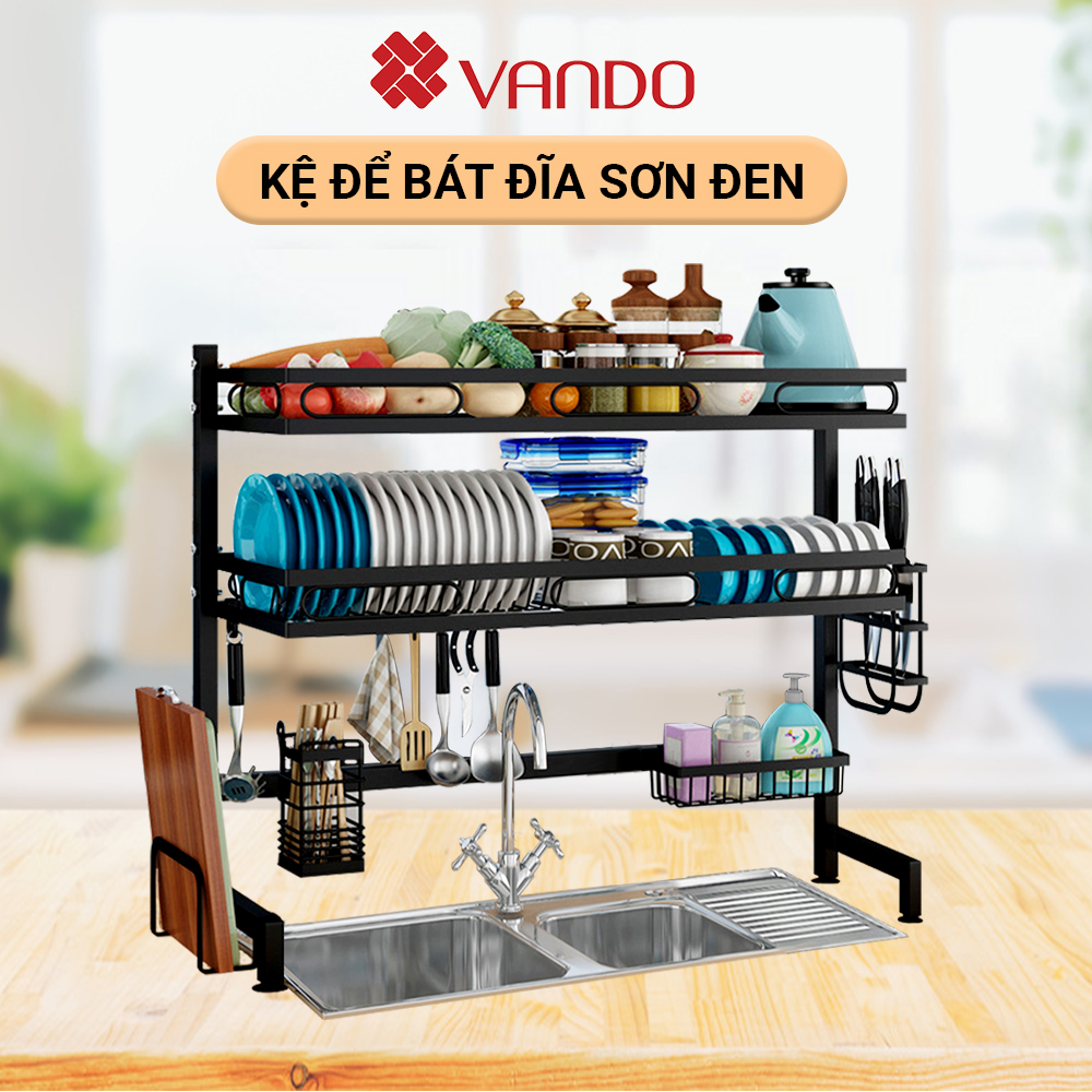 [𝗙𝗿𝗲𝗲𝗦𝗵𝗶𝗽] Kệ Để Chén Bát Đa Năng Thép carbon VANDO - Giá Để Bát Đũa Sơn Sần Màu Đen Chống Bám Bẩn