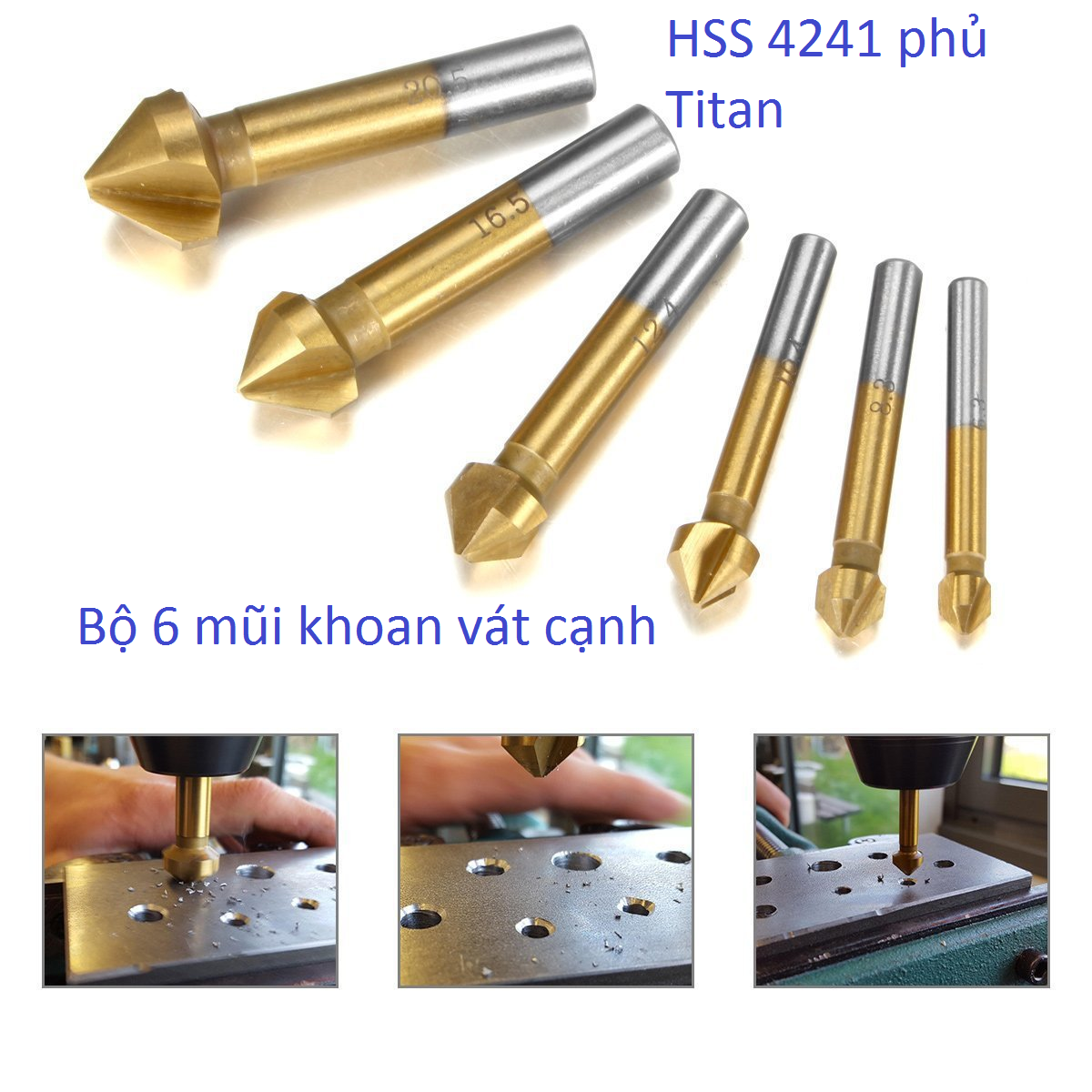 Bộ 6 mũi khoan vát 3 cạnh 90 ° chuôi tròn chất liệu hss 4241 phủ titan