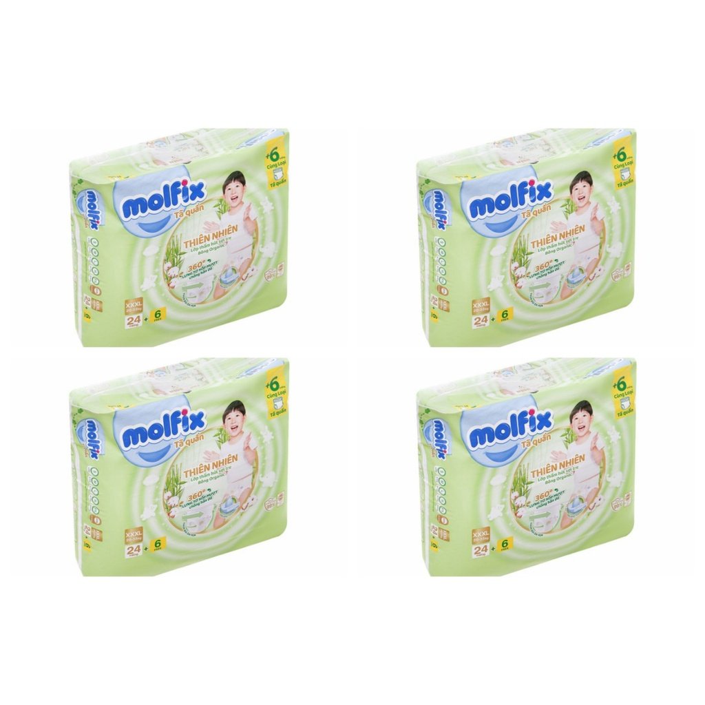 Combo 4 bịch tã quần Molfix thiên nhiên big size XXXL24+6 cho bé 20 - 35kg