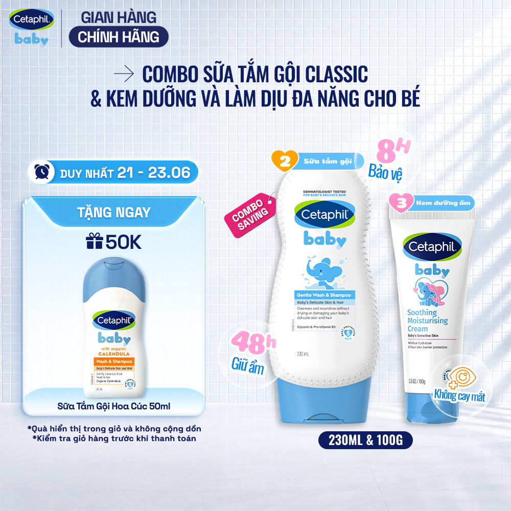 Combo 2 bước Sữa tắm gội dịu lành 230ml + Kem dưỡng ẩm làm dịu đa năng Cetaphil Baby 100Gr