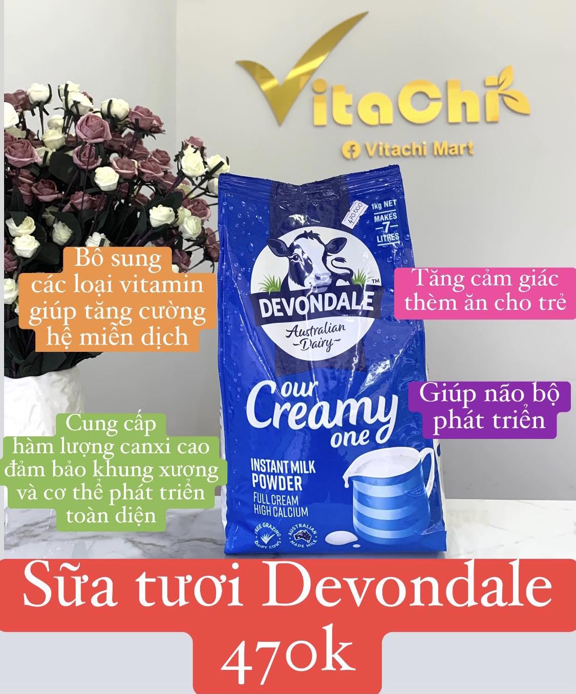 Sữa bột Devondale Milk Powder Full Cream Úc nguyên kem 1kg túi