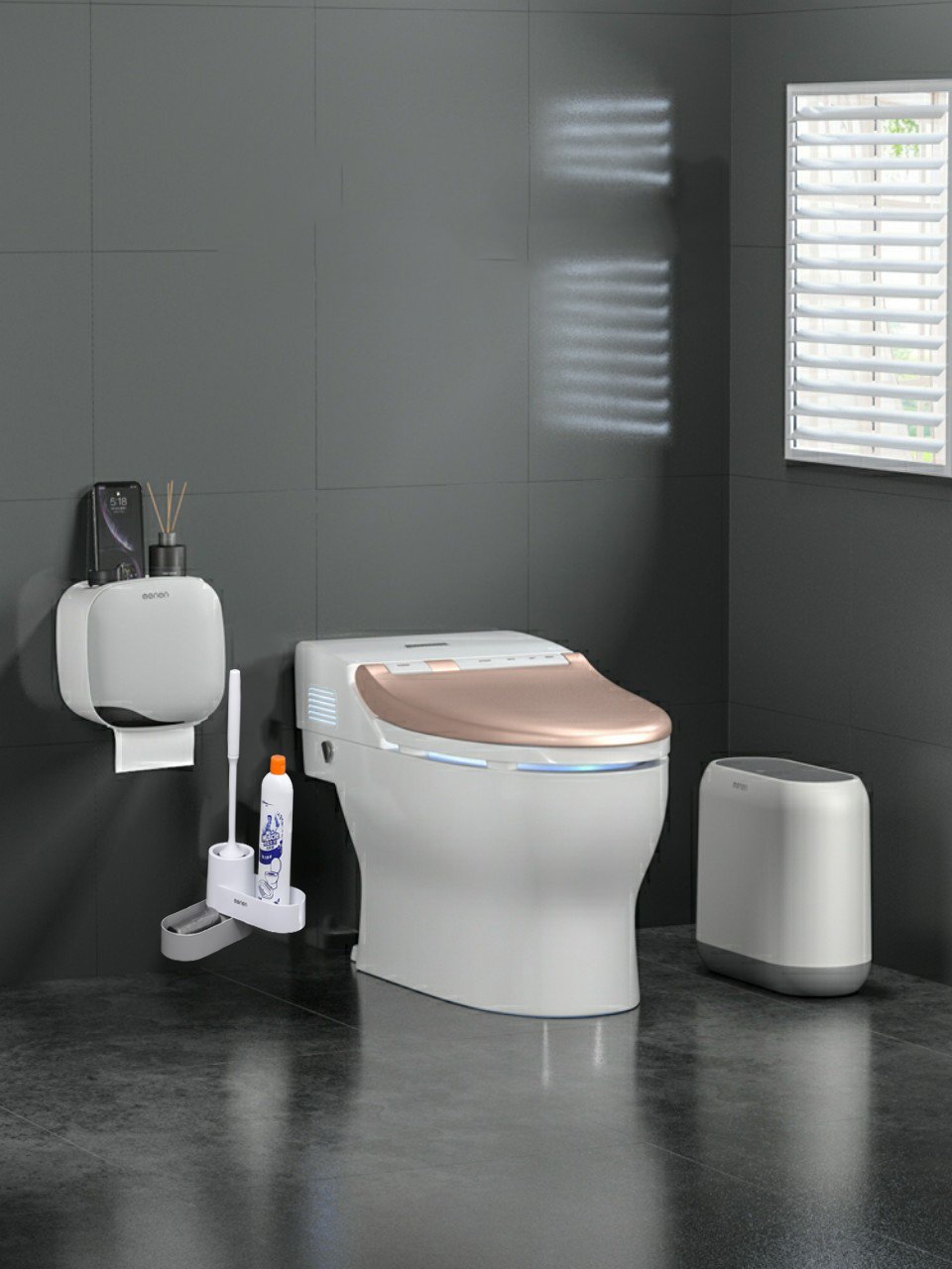 Bộ phụ kiện nhà vệ sinh OENON cao cấp, Hộp đựng giấy, Chổi cọ vệ sinh, Thùng rác thông minh