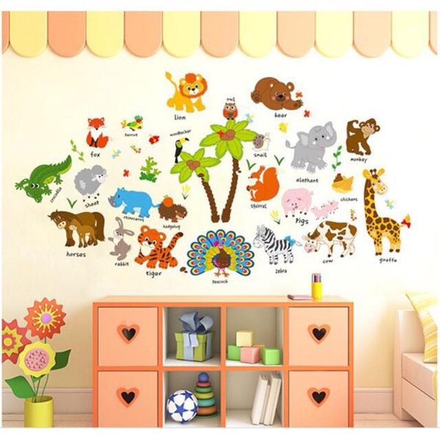 Decal dán tường cho bé học tiếng anh các loài thú SK9296 kiddecals