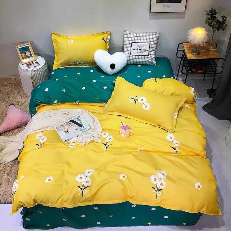 Bộ Chăn Ga Gối Cotton Poly - Cúc Họa Mi Vàng ( 1 Drap + 2 Vỏ Gối Nằm + 1 Vỏ Chăn ) Không Phai , Không Xù , Kích Thước Đa Dạng