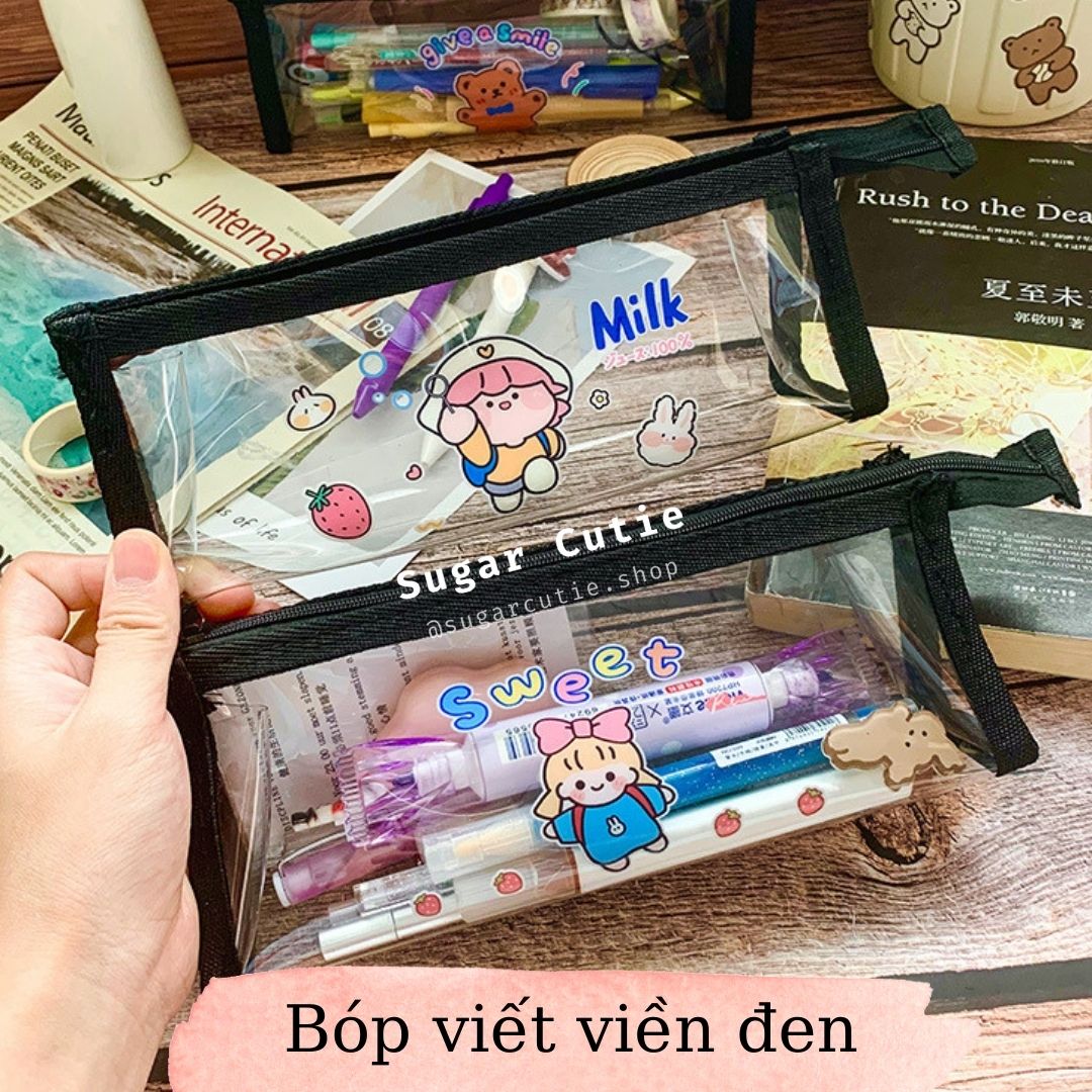 Bóp PVC viền đen bóp bút chì Zanmoo dáng chữ nhật đựng bút viết, dụng cụ học tập