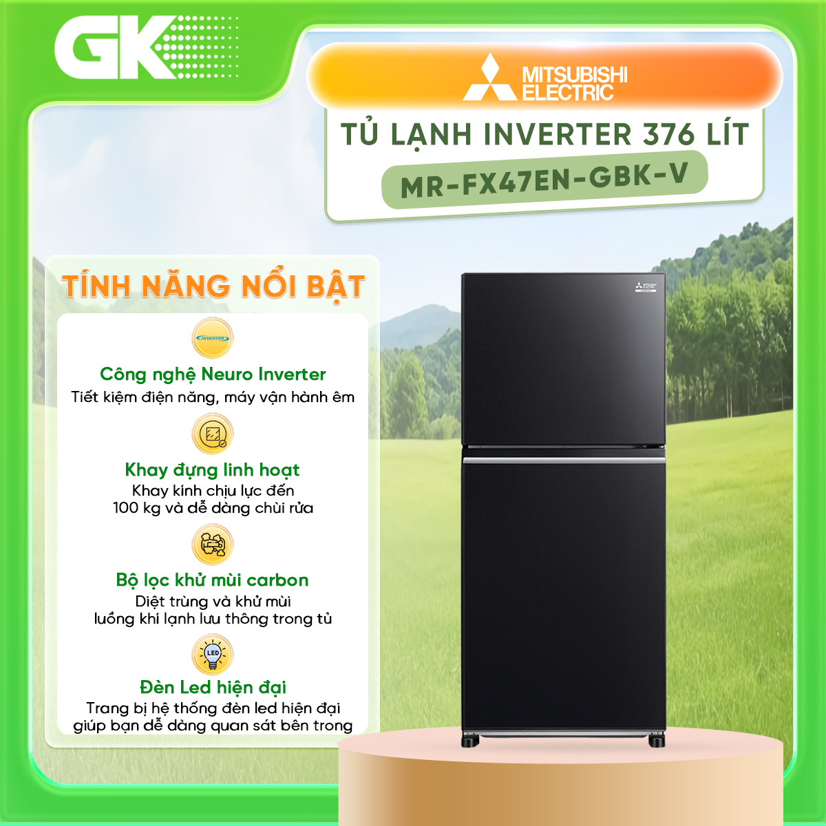 Tủ lạnh mitsubishi electric inverter 376 lít mr-fx47en-gbk-v - giao toàn quốc - freeship hcm