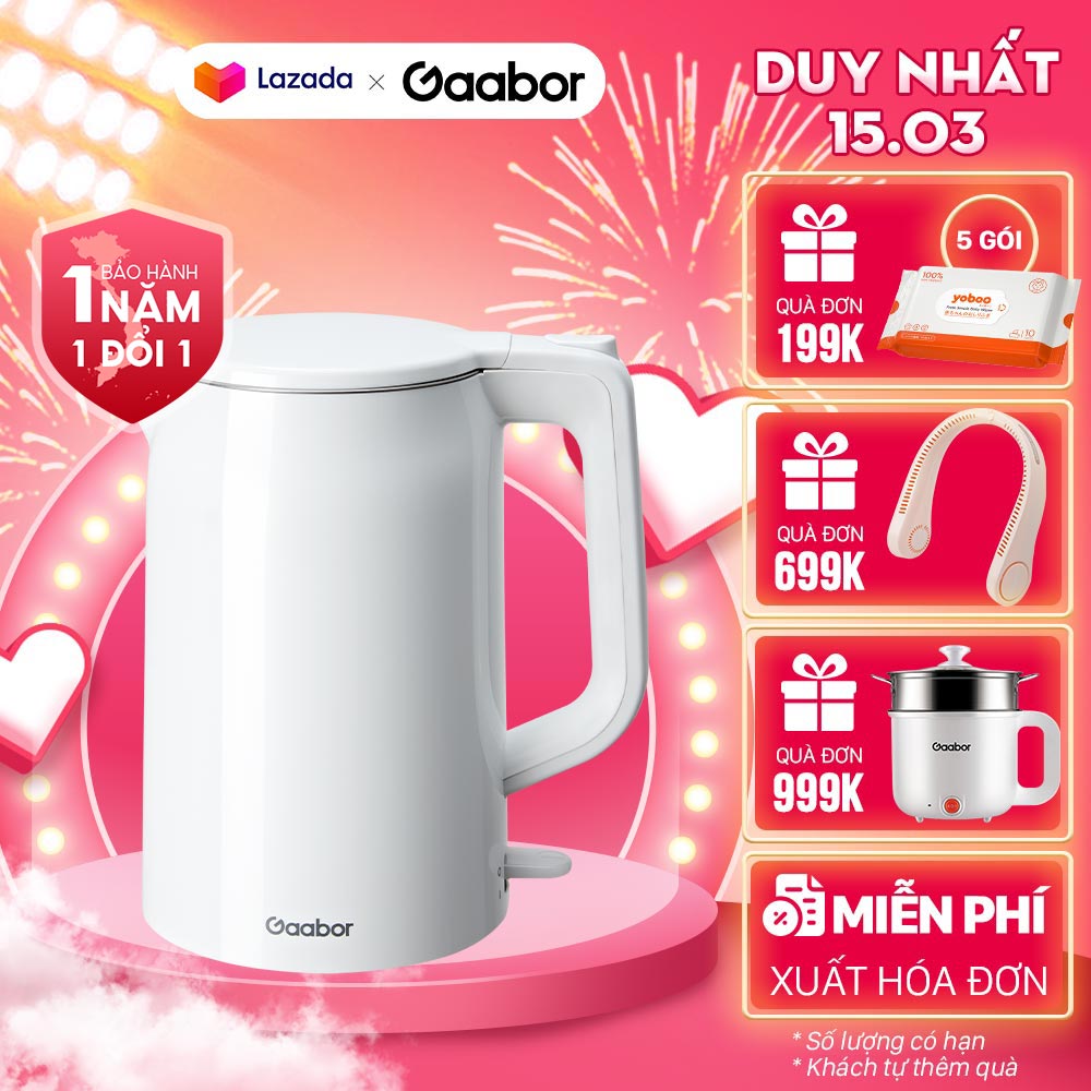 Bình đun siêu tốc GAABOR EK20M-WH01A/WH02A dung tích lớn 2L 1500W Thép không gỉ - Hàng chính hãng