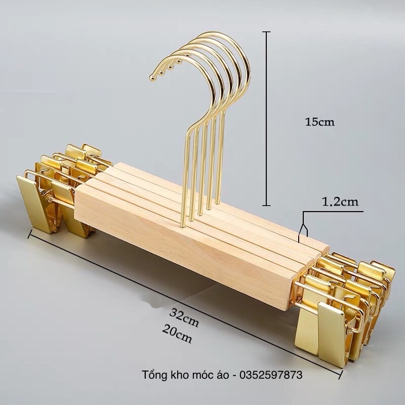 Móc treo quần áo-kẹp gỗ mộc không sơn-đầu kẹp mạ vàng-làm từ gỗ tự nhiên 100%-hàng tuyển chọn cao cấp