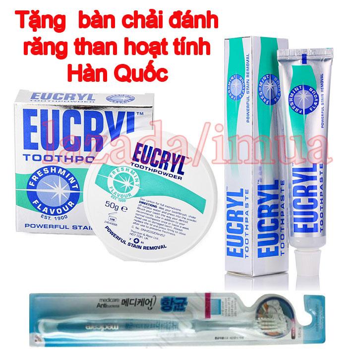 [HCM]Combo Bột trắng răng và Kem đánh răng Eucryl tặng Bàn chải đánh răng than hoạt tính Hàn Quốc