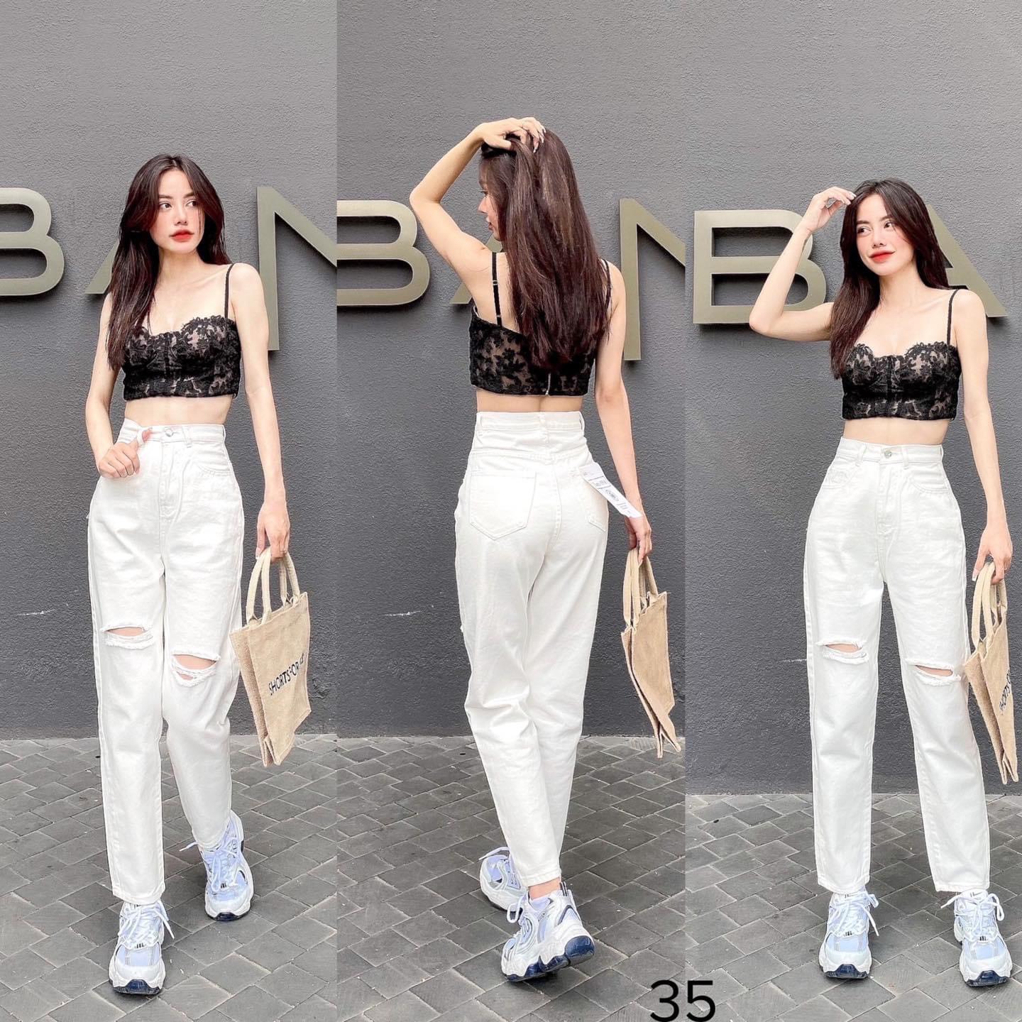 Quần baggy kaki nữ lưng cao mẫu rách ngang, quần kaki nữ trắng, chất kaki jean mịn cao cấp thời trang cao cấp huyne house