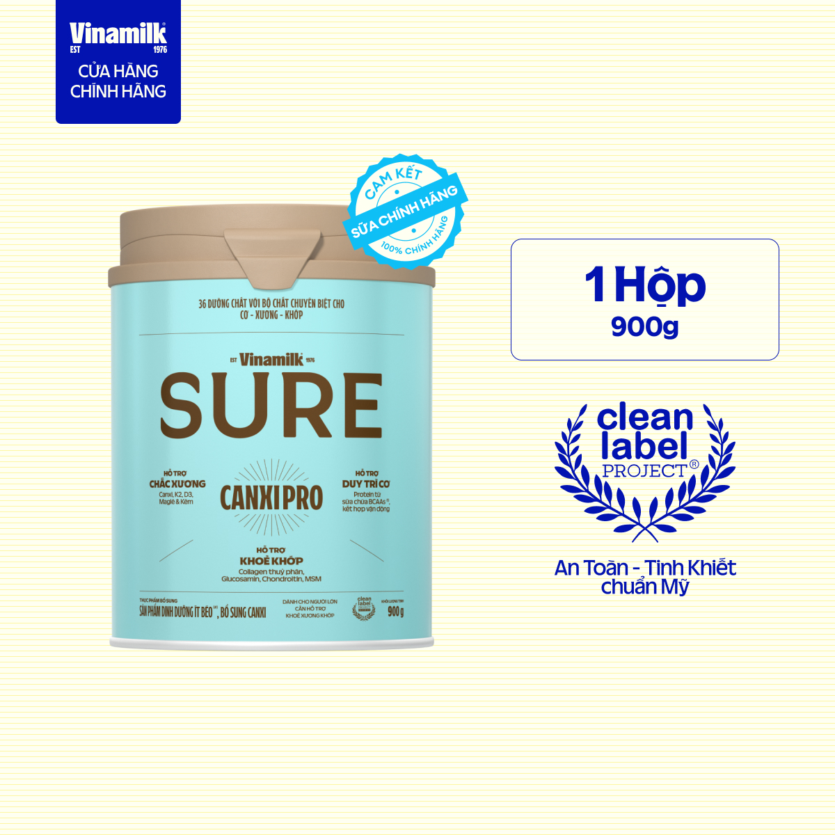 Sữa bột Vinamilk SURE CanxiPro 900g (Hộp thiếc) - Sữa bổ sung Canxi, Tốt cho xương khớp|