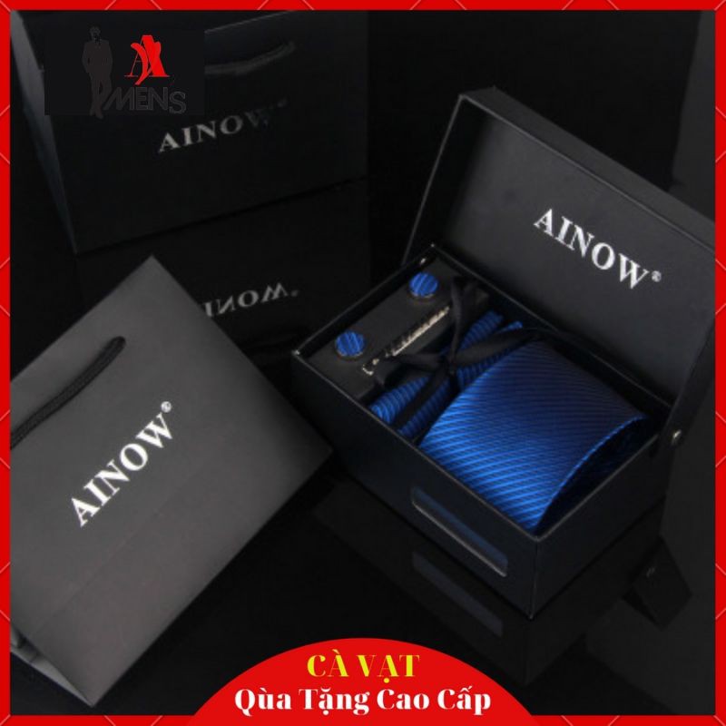 Cà vạt nam hộp quà tặng cao cấp [ COMBO kẹp cavat + khuy măng cài áo + khăn tay ]