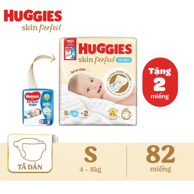 Tã dán sơ sinh huggies nb70/s54/s80+2 miếng skin perfect mới