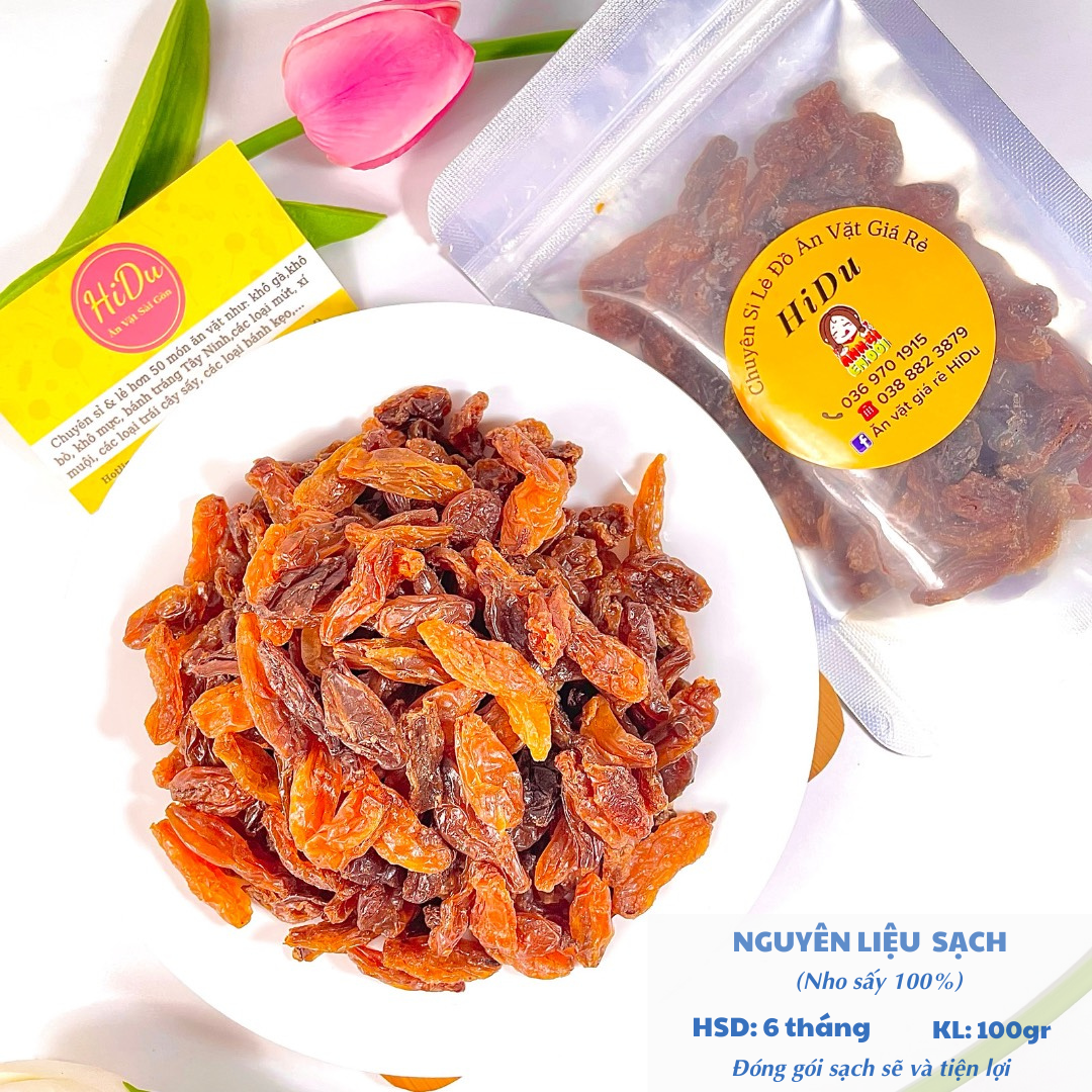 Nho sấy khô không đường loại ngon trái to ngọt thanh 100gr Ăn vặt HiDu