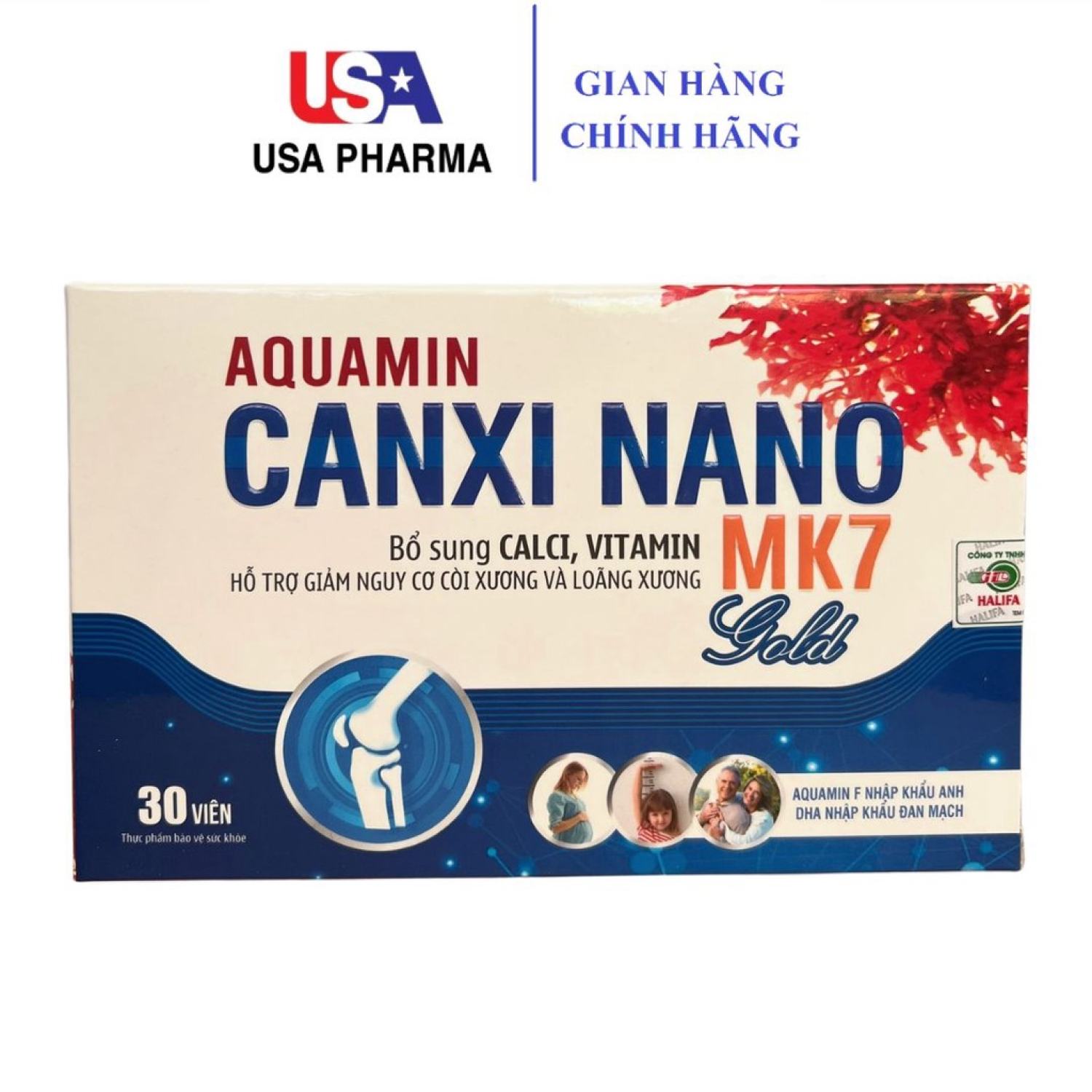 Aquamin Canxi Nano Mk7 Gold BỔ SUNG CANXI, Chống Còi Xương, Loãng Xương - Hộp 30 Viên
