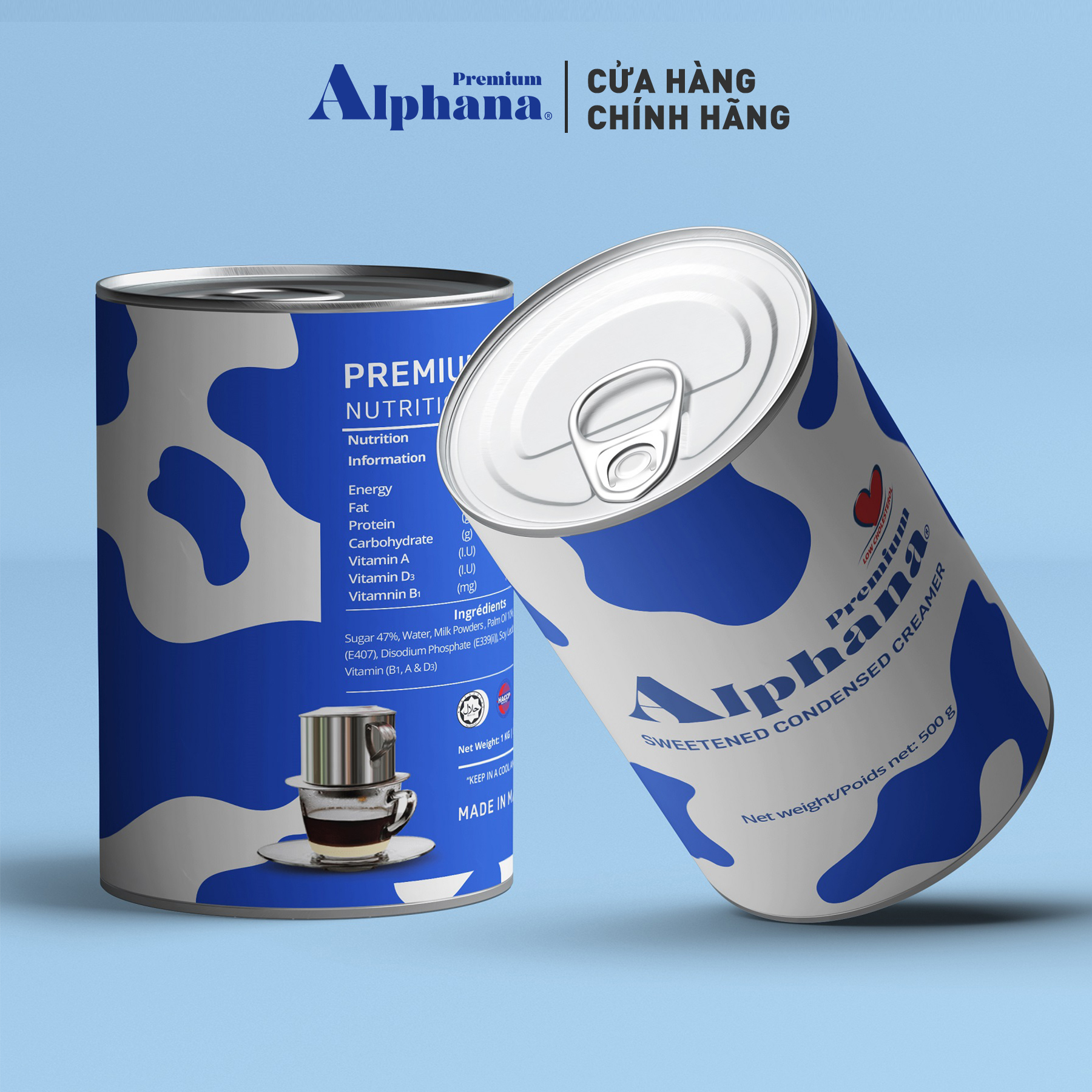 Thùng 48 Lon - Sữa Đặc Có Đường Creamer Premium Alphana nhập khẩu Malaysia Lon 500g Giàu Protein Vitamin A D3 B1 - Nắp Khui Tiện Dụng