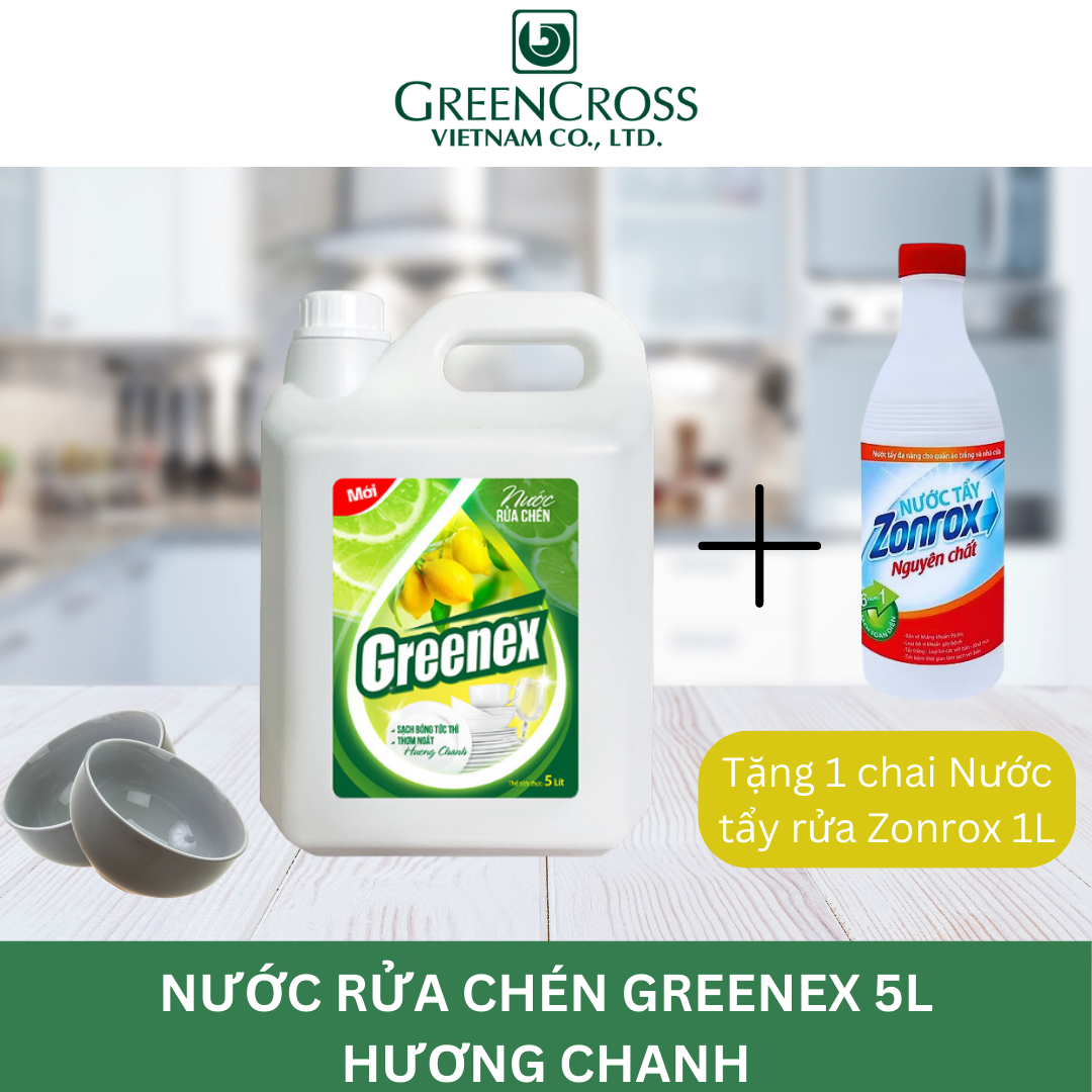 Nước rửa chén 100% Thiên nhiên An toàn da tay Hương thơm dịu nhẹ Greenex - Can 5 Lít Tiết kiệm Hương Chanh