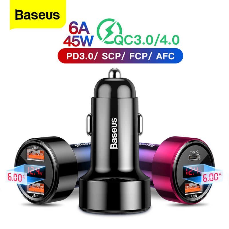 Tẩu sạc nhanh 45w cho xe hơi ô tô 2 cổng sạc Type C và USB quick charge 4.0 chính hãng Baseus