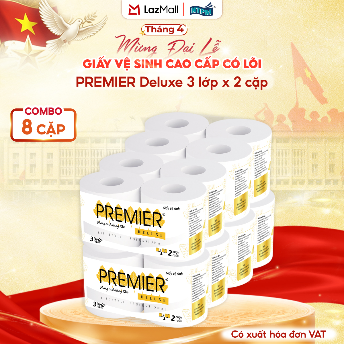 [COMBO 8 CẶP - 16 CUỘN] Giấy vệ sinh cao cấp PREMIER Deluxe có lõi, 3 lớp - 100% bột giấy nguyên sinh, không chất tẩy, 2 cuộn/cặp – Chính hãng