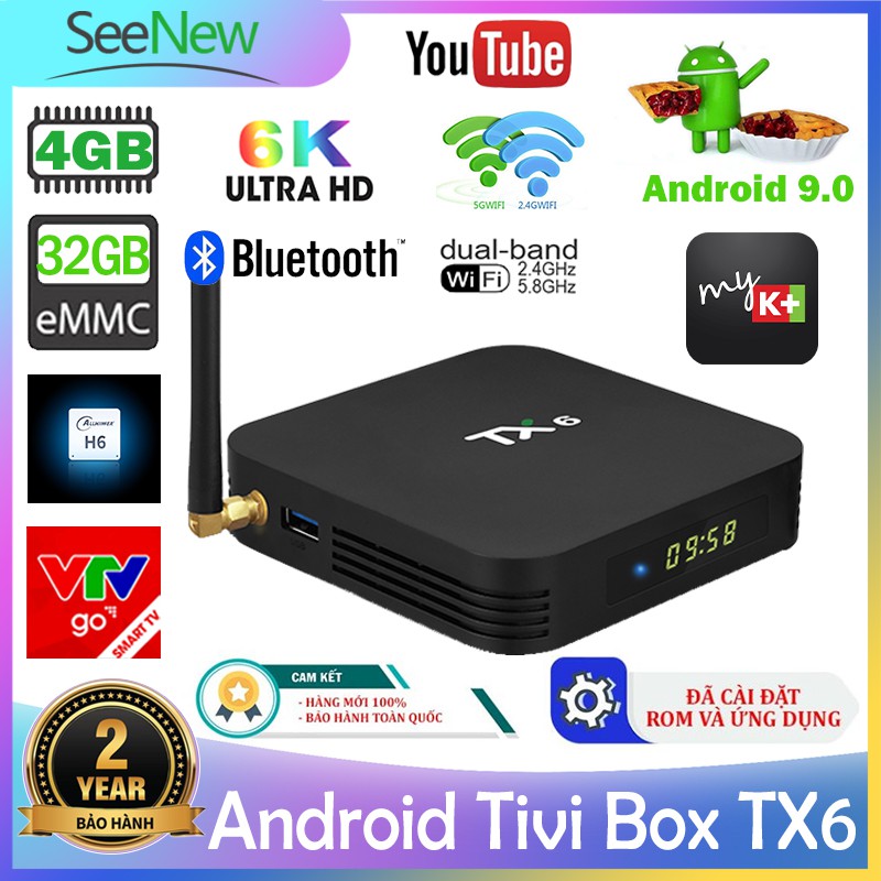 Android Tivi Box TX6 4G+32G Allwinner H6，Hỗ trợ Bluetooth，được cài đặt sẵn ứng dụng TV miễn phí & MK+
