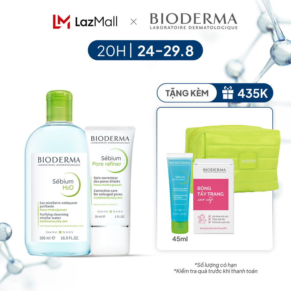 Bộ đôi làm sạch Micellar cho da hỗn hợp và da dầu Bioderma Sebium H2O 500ml và Kem dưỡng se lỗ chân lông Pore refiner 30ml