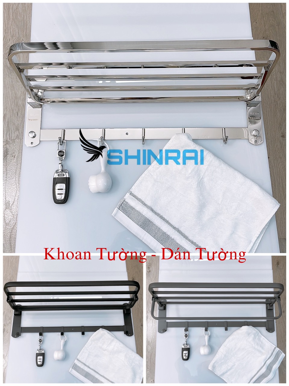 ( Dán Tường - Khoan Tường ) Giá Treo Khăn Nhà Tắm , Móc Treo Khăn Tắm SUS304 Đế Đặc 3.5CM Siêu Dày Chữ Nhật SHINRAI