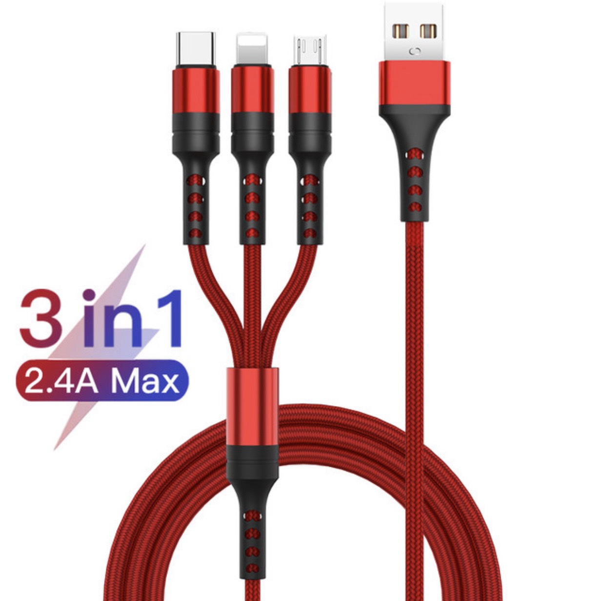 Dây sạc 3 đầu, cáp sạc nhanh usb wuw tích hợp 3 đầu sạc iphone, type-c, androi. dòng điện sạc nhanh 2.4a