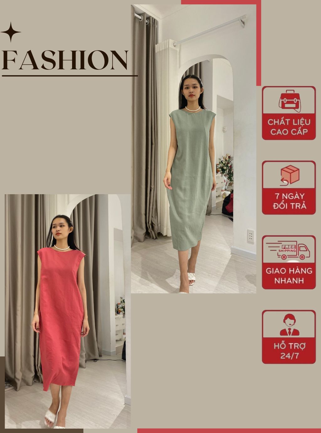 Đầm Midi nữ vải Linen kiểu suông dài tôn dáng dễ thương - hàng thiết kế
