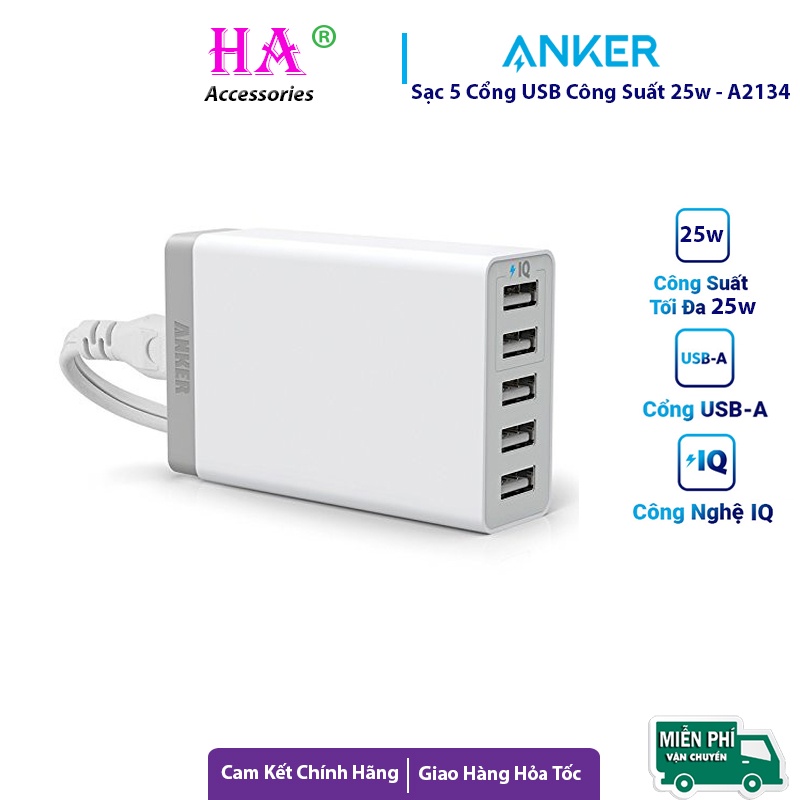 Củ sạc để bàn anker 5 cổng usb 25w a2134