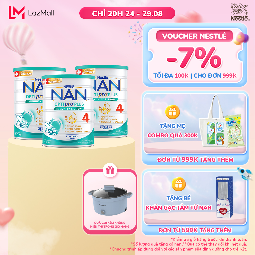 Bộ 3 lon sữa bột nestlé nan optipro plus 4 1500g/lon với 5hmo giúp tiêu hóa tốt + tăng cường đề kháng + nồi lẩu điện sunhouse